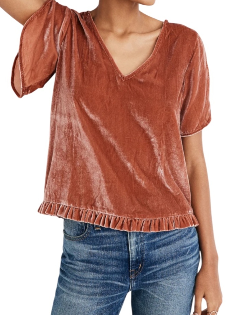Madewell Velvet Tulip-Sleeve Ruffle Top Rust Velvet V-Neck Ruffle-Hem Top